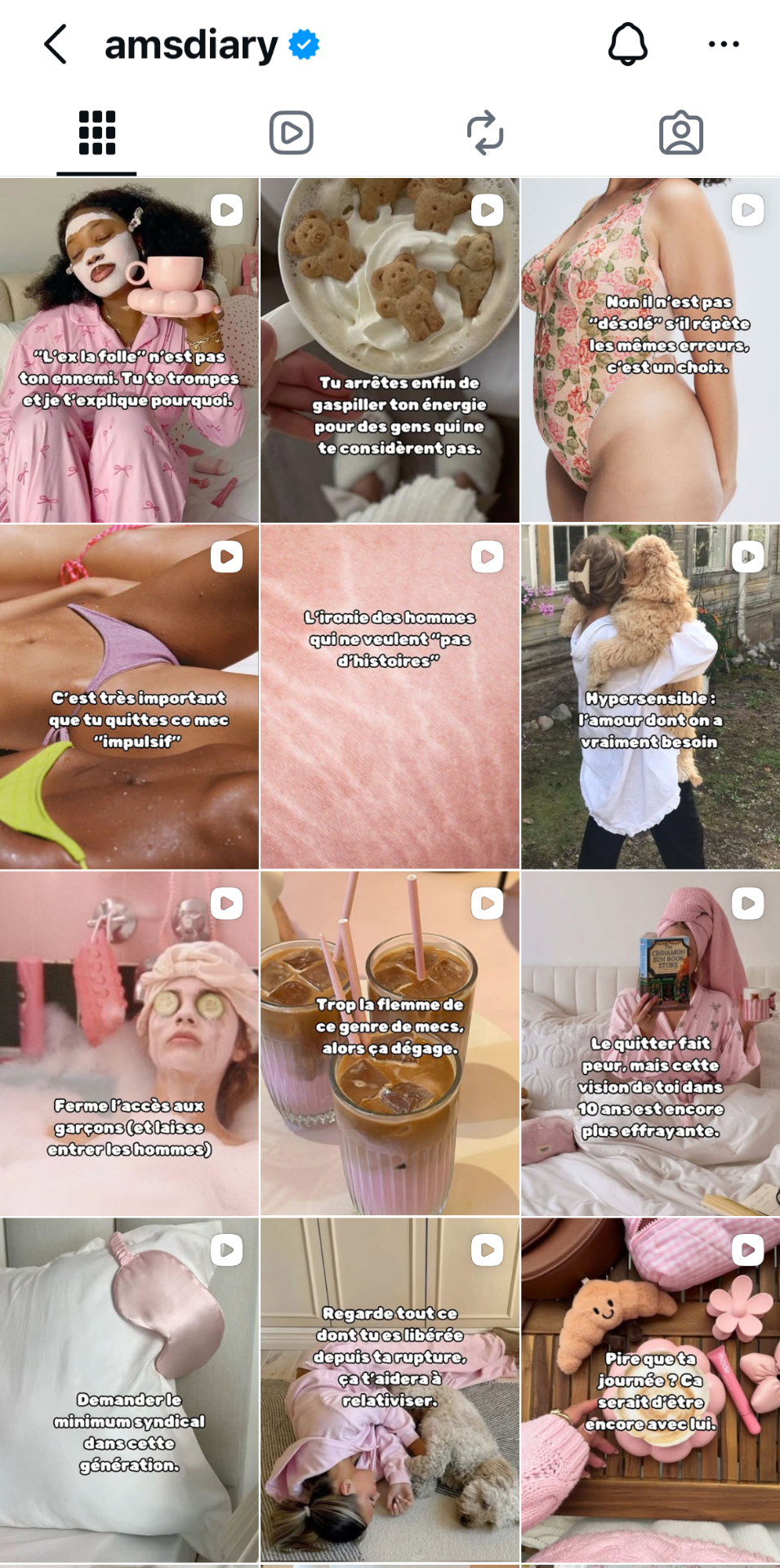 Feed Instagram @amsdiary, exemples de contenus sur relations toxiques, dépendance affective, estime de soi
