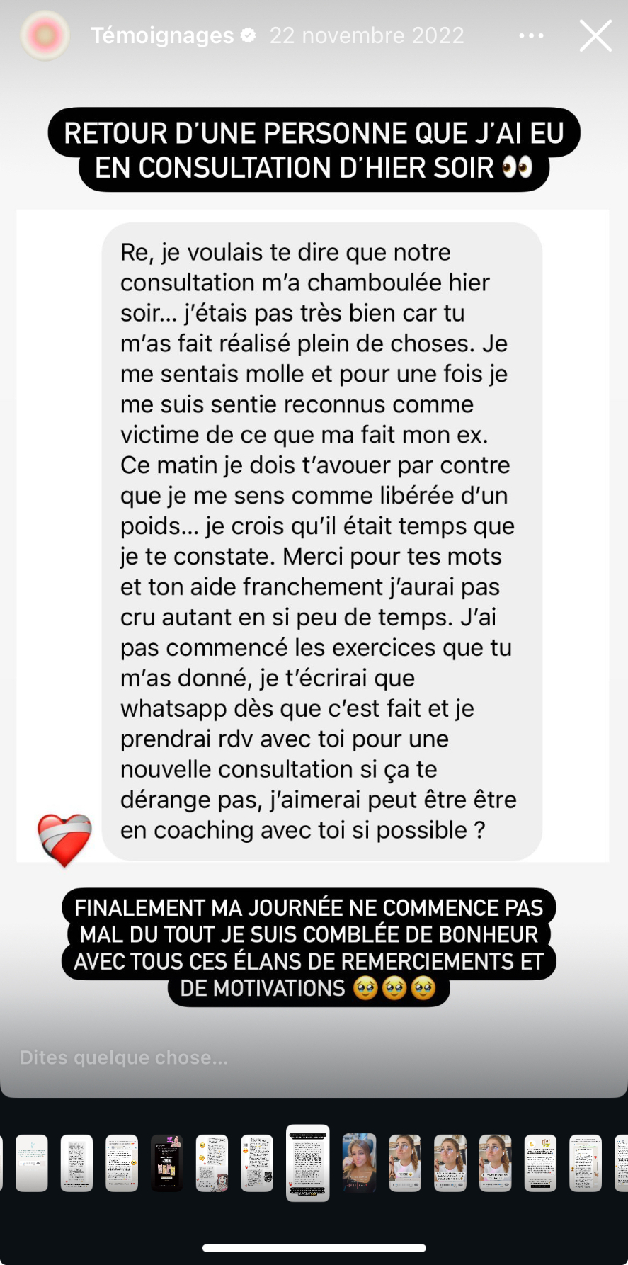 Je me sens comme libérée d'un poids… Merci pour tes mots et ton aide, franchement j'aurais pas cru autant en si peu de temps.