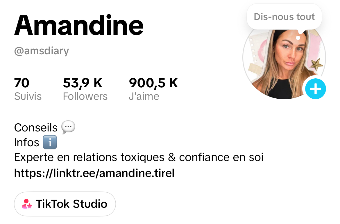 TikTok @amsdiary, 53,9K abonnés, 900K likes